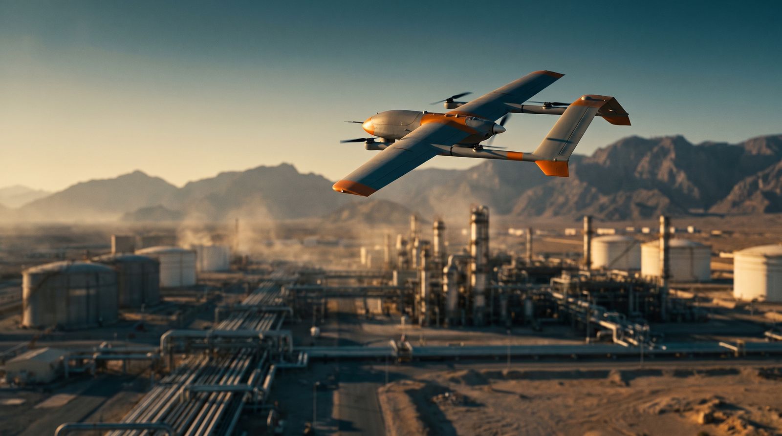 A fixed-wing survey drone in flight above an oil and gas facility in the Omani desert