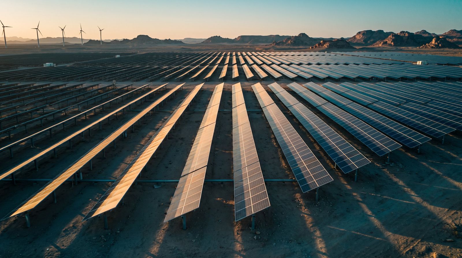 A solar photovoltaic array in the desert with wind turbines on the horizon