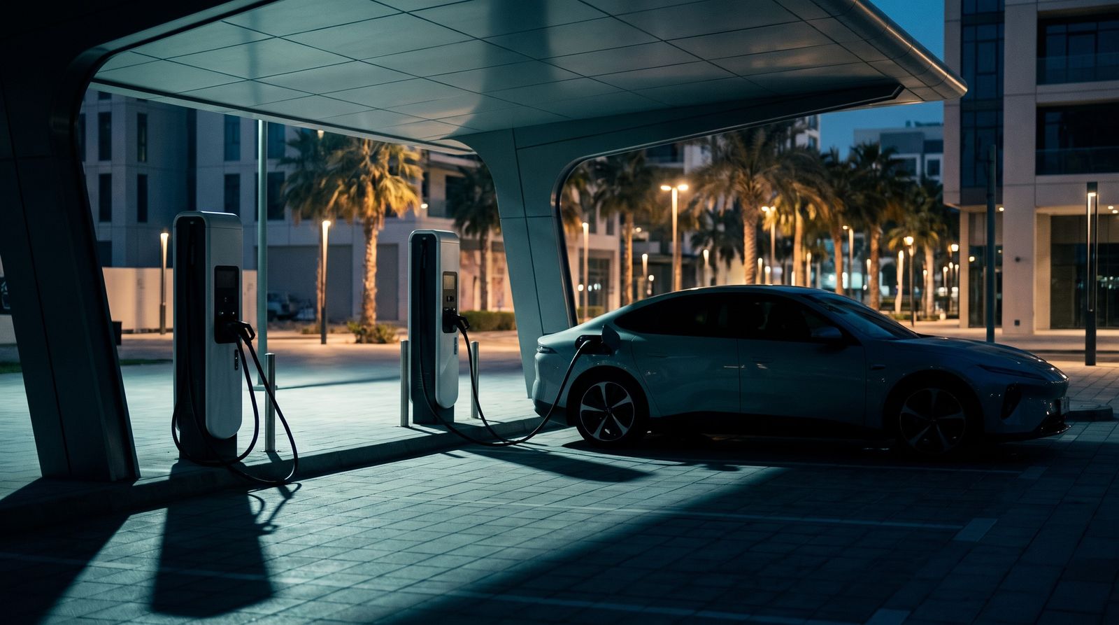 An electric vehicle fast-charging station under a canopy at dusk